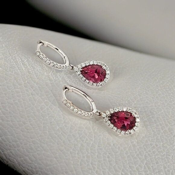 Diamond Rubellite Tourmaline Drop Earrings 18k W Gold 2.93 TCW Certified 210764 - Picture 8 of 13